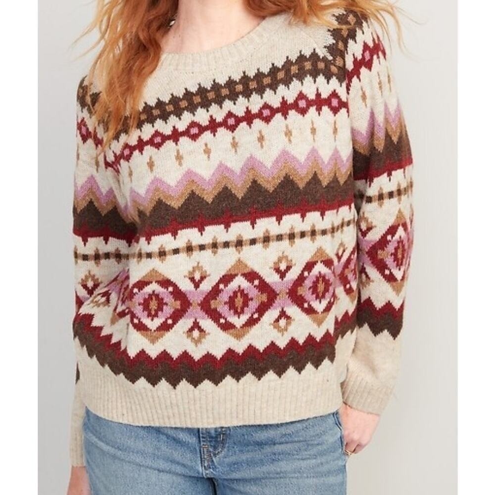 Old Navy Sweater Cream Fair Isle Geometric Knit Wool Blend Women Size M